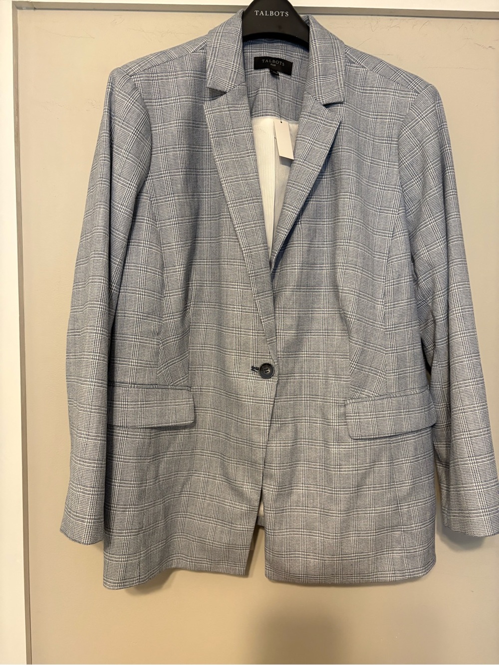 NWT Talbots Plus Size 18W Glen Plaid Blazer Blue White One Button Jacket